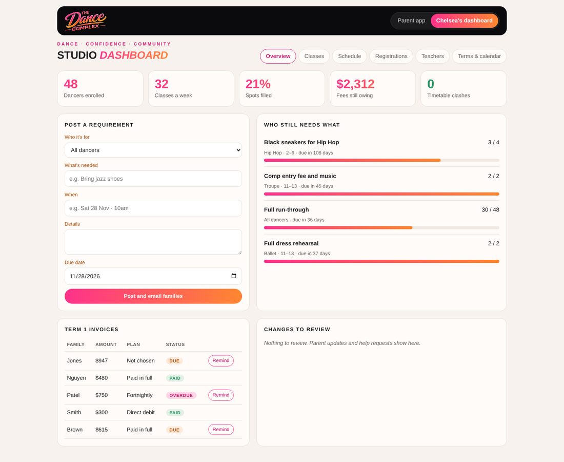 Studio dashboard and parent portal by TOI Studio